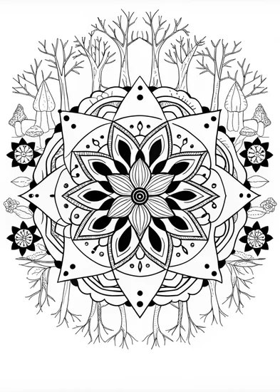 A coloring page of Mandala in the Enchanted Forest