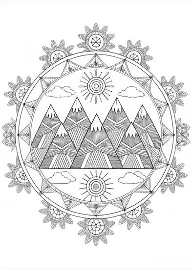 A coloring page of Mandala Mountains Coloring Page