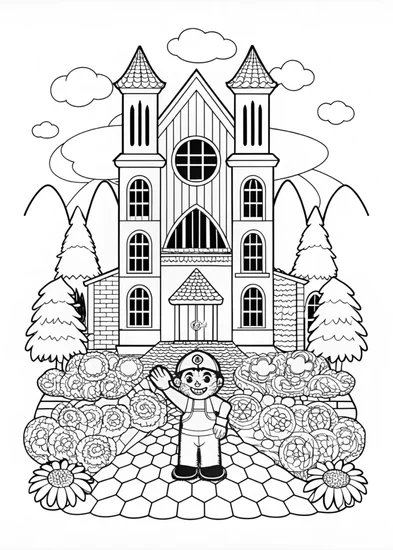 A coloring page of Mario at the Castle Coloring Page