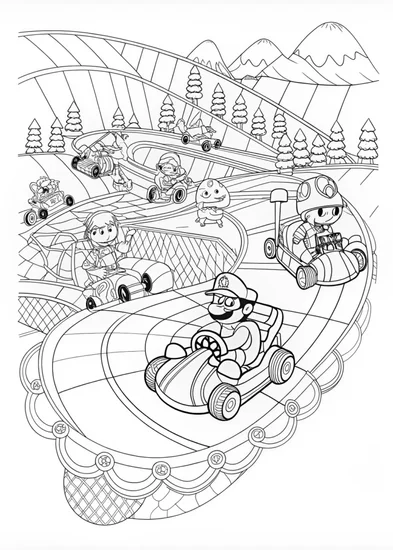 A coloring page of Mario on a Go-Kart Adventure Coloring Page