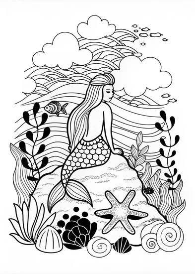 A coloring page of Mermaid Serenity by the Sea