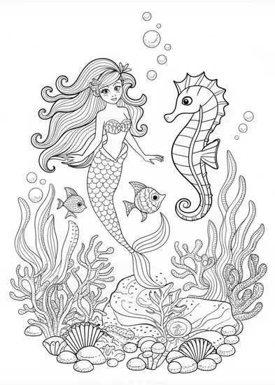 A coloring page of Mermaid Ariel’s Seahorse Friend Coloring Page