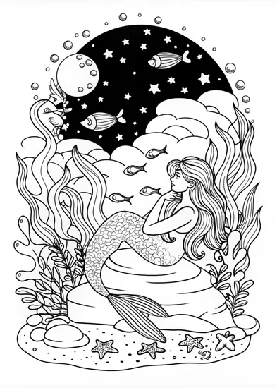 A coloring page of Mermaid Dreaming Under the Starry Sky