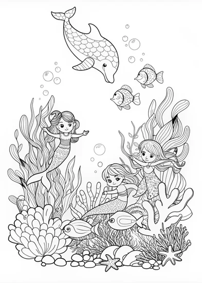 A coloring page of Mermaid Melody and Friends Under the Sea