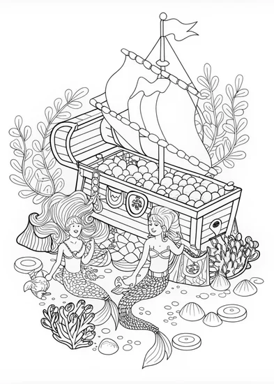 A coloring page of Mermaid’s Treasure Discovery
