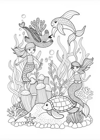 A coloring page of Mermaid’s Underwater Paradise