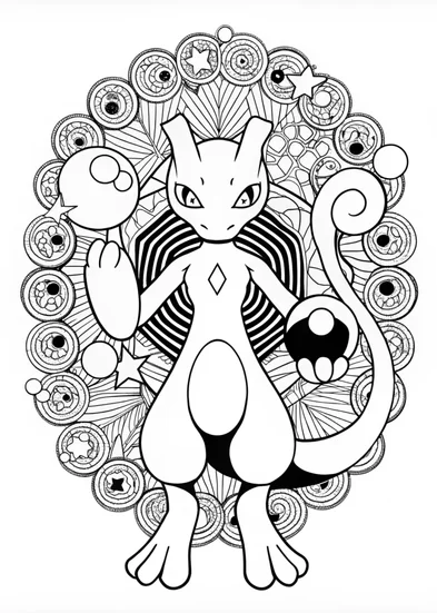 A coloring page of Mewtwo in the Forest Coloring Page