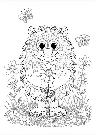 A coloring page of Monster Holding a Flower Coloring Page