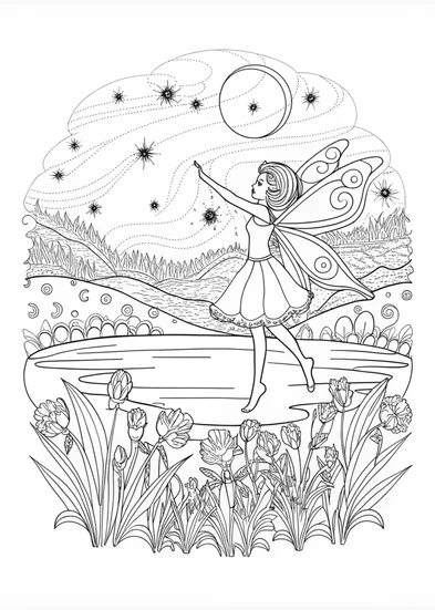 A coloring page of Moonlit Dance with Fairy Flutter