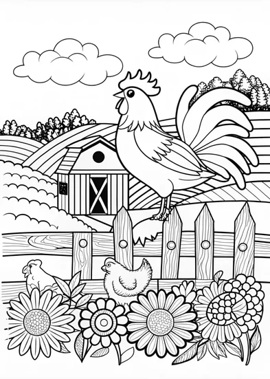 A coloring page of Morning Rooster on the Fence