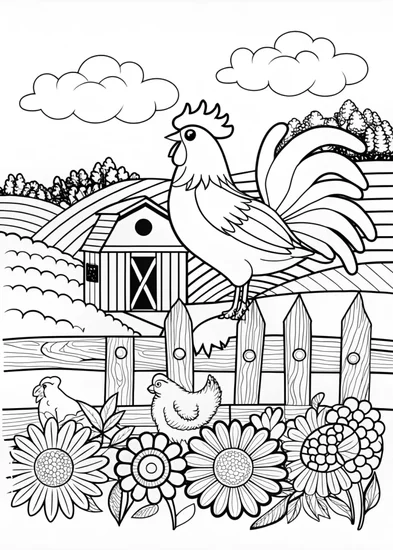 A coloring page of Morning Rooster on the Fence