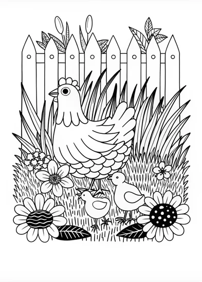 A coloring page of Mother Hen and Chick’s Garden Stroll