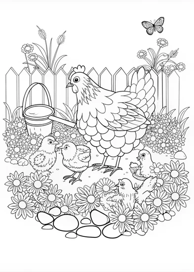 A coloring page of Mother Hen and Chicks in a Beautiful Garden