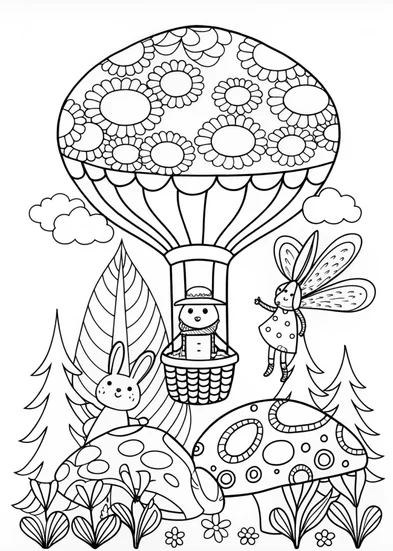A coloring page of Mushroom Balloon Ride