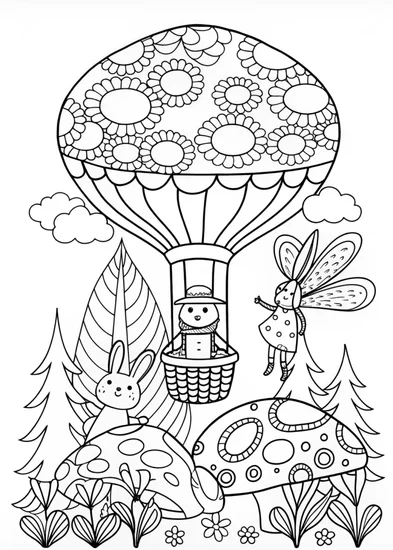 A coloring page of Mushroom Balloon Ride