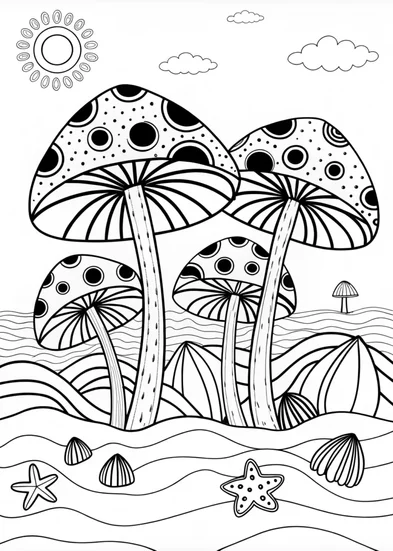 A coloring page of Mushrooms at the Beach