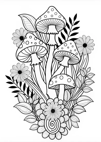 A coloring page of Mushroom Bouquet in a Pot Coloring Page