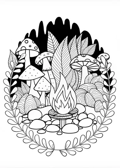 A coloring page of Magical Mushroom Campfire