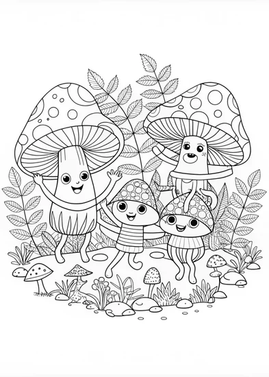 A coloring page of Enchanted Forest: Mushrooms Wonderland Coloring Page
