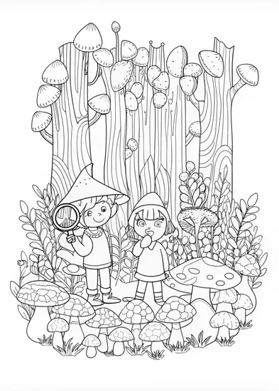 A coloring page of Mushroom Explorers
