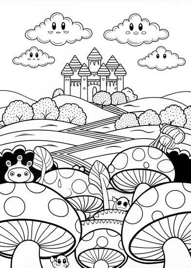 A coloring page of Magical Mushroom Forest