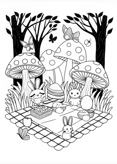 A coloring page of Magical Mushroom Forest Picnic