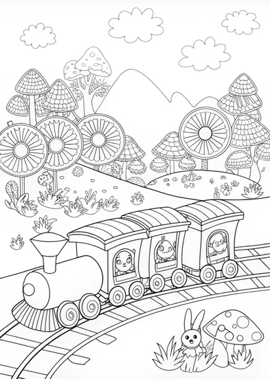 A coloring page of Mushroom Express Adventure