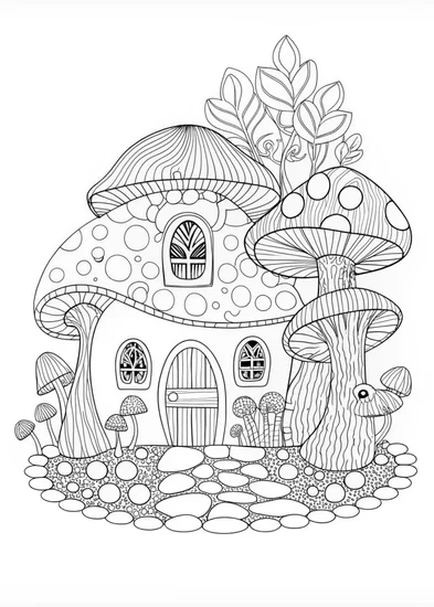 A coloring page of Mushroom Village