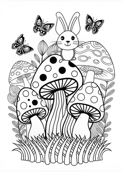 A coloring page of Mushroom Wonderland with Whiskers the Rabbit