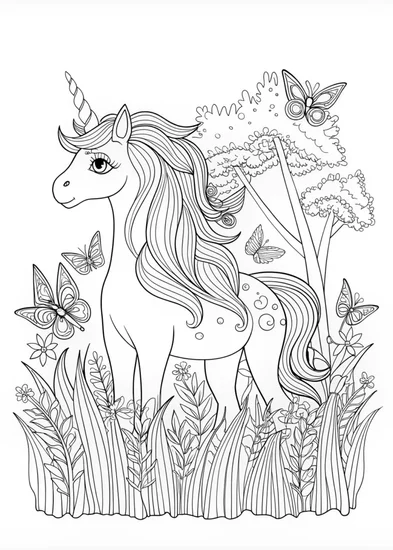 A coloring page of Unicorn Adventure in a Magical Meadow