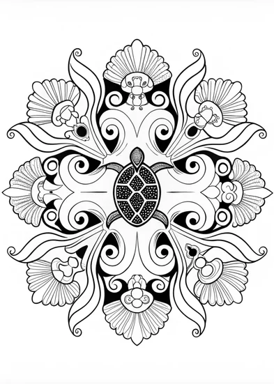 A coloring page of Ocean Mandala with Turtle and Seashells