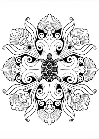 A coloring page of Ocean Mandala with Turtle and Seashells