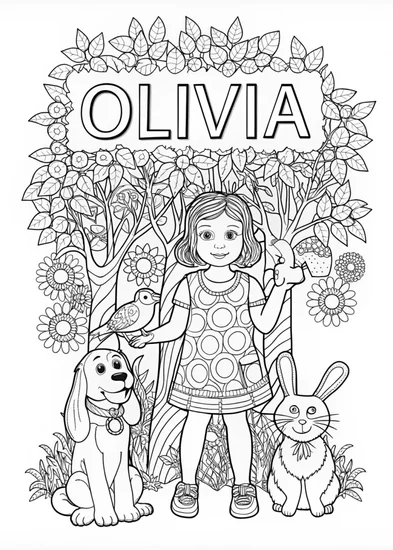 A coloring page of Olivia’s Animal Friends Coloring Page