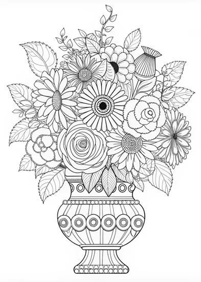 A coloring page of Ornate Floral Bouquet in an Intricate Vase
