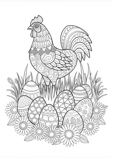 A coloring page of Ornate Rooster and Decorative Eggs Coloring Page