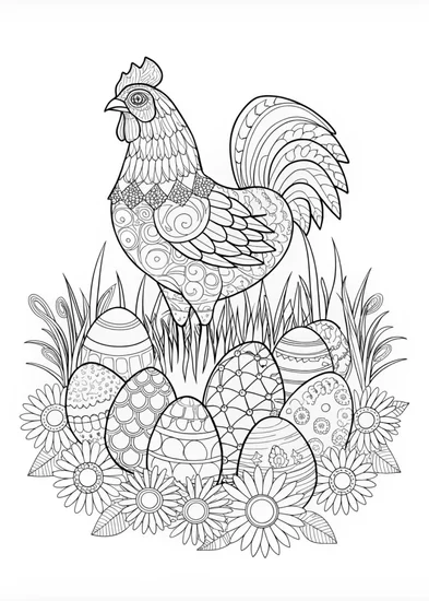 A coloring page of Ornate Rooster and Decorative Eggs Coloring Page