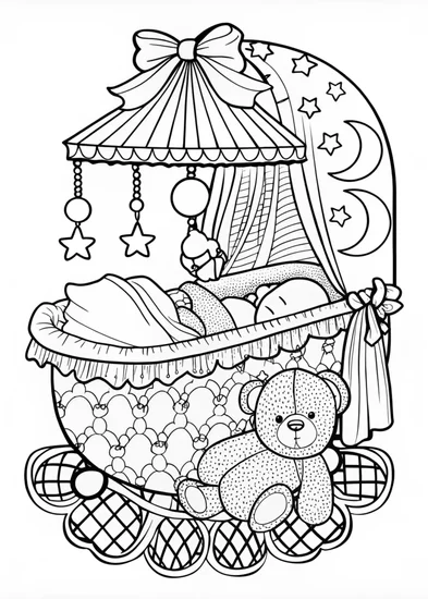 A coloring page of Peaceful Baby in Cradle with Teddy