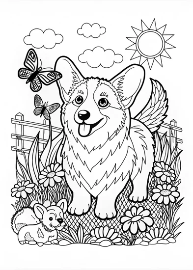 A coloring page of Corgi’s Happy Day Coloring Page