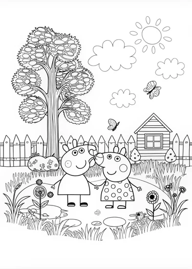 A coloring page of Peppa Pig in the Muddy Puddle