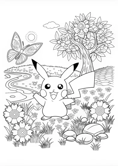 A coloring page of Pikachu in the Enchanted Forest