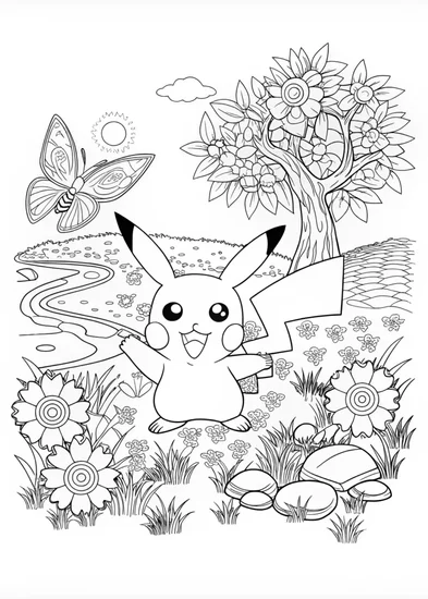 A coloring page of Pikachu in the Enchanted Forest