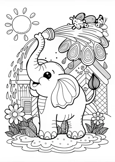 A coloring page of Playful Elephant Splashes with Water Hose