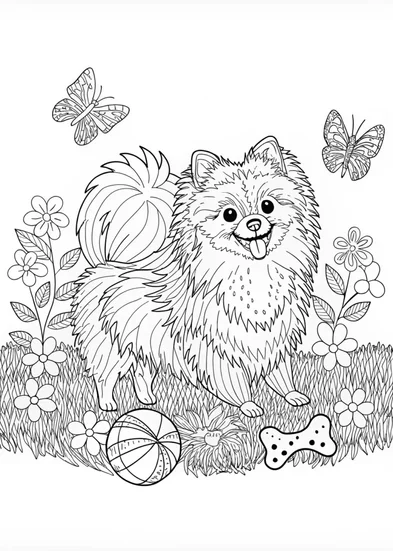 A coloring page of Pomeranian Pup Coloring Fun