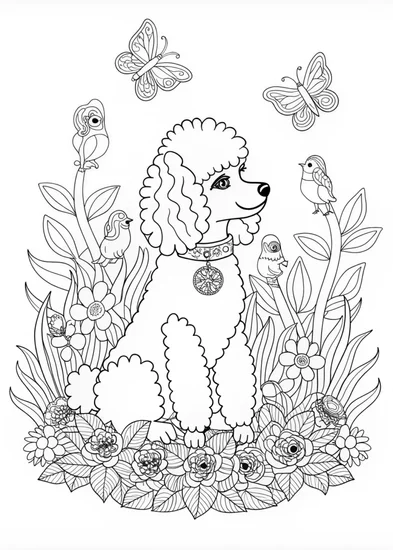 A coloring page of Poodle Pup Ready for Fun