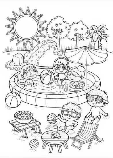 A coloring page of Pool Party Fun for Kids!