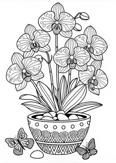 A coloring page of Potted Orchid Blossom Coloring Page