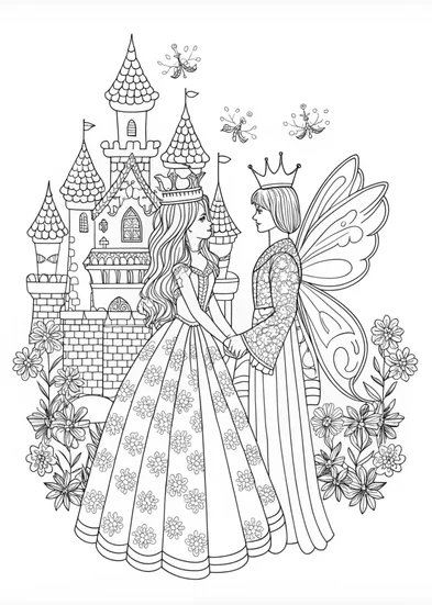 A coloring page of Princess and Fairy by the Enchanted Castle