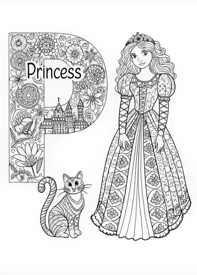 A coloring page of Princess and Her Loyal Cat