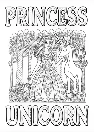 A coloring page of Princess and Her Magical Unicorn Adventure