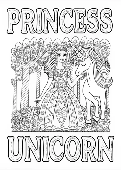 A coloring page of Princess and Her Magical Unicorn Adventure